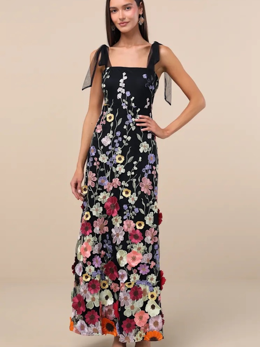 Lulus Thriving Poise Black 3D Floral Embroidered Tie-Strap Maxi Dress NWT Size L - Picture 3 of 17